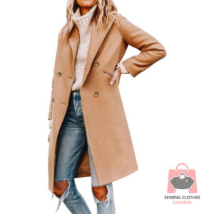 Women’s Double-Breasted Wool Blend Pea Coat – Long Winter Jacket with Notched Lapel